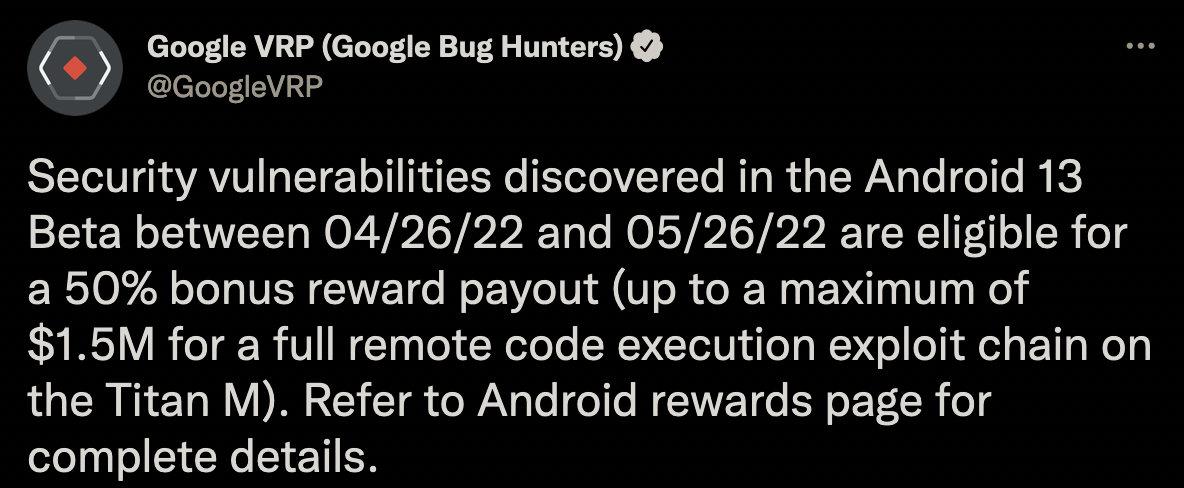 Google 提高 Android 13 漏洞赏金,最高 150 万美元