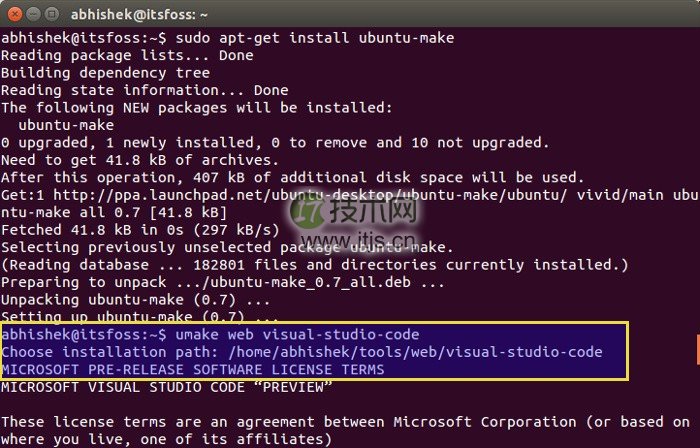 微软令人意外地发布了Visual Studio Code，并支持主要的桌面平台，当然包括linux。假如你是一名需要在ubuntu工作的web开发人员，你可以非常轻松的安装Visual Studio Code。我将要使用Ubuntu Make来安装visual Studio Code。Ubuntu Make，就是以前的Ubuntu开发者工具中心，是一个命令行工具，帮助用户快速安装各种开发工具、语言和IDE。也可以使用Ubuntu Make轻松安装Android Studio 和其他IDE，如Eclipse。本文将展示如何在Ubuntu中使用Ubuntu Make安装Visual Studio Code。（译注：也可以直接去微软官网下载安装包）安装微软Visual Studio Code开始之前，首先需要安装Ubuntu Make。虽然Ubuntu Make存在Ubuntu15.04官方库中，但是需要Ubuntu Make 0.7以上版本才能安装Visual Studio。所以，需要通过官方PPA更新到最新的Ubuntu Make。此PPA支持Ubuntu 14.04, 14.10 和 15.04。注意，仅支持64位版本。打开终端，使用下列命令，通过官方PPA来安装Ubuntu Make：sudo add-apt-repository ppa:ubuntu-desktop/ubuntu-makesudo apt-get updatesudo apt-get install ubuntu-make安装Ubuntu Make完后，接着使用下列命令安装Visual Studio Code：umake web visual-studio-code安装过程中，将会询问安装路径，如下图：在抛出一堆要求和条件后，它会询问你是否确认安装Visual Studio Code。输入‘a’来确定：确定之后，安装程序会开始下载并安装。安装完成后，你可以发现Visual Studio Code 图标已经出现在了Unity启动器上。点击图标开始运行！下图是Ubuntu 15.04 Unity的截图：卸载Visual Studio Code卸载Visual Studio Code，同样使用Ubuntu Make命令。如下：umake web visual-studio-code --remove假如你不打算使用Ubuntu Make，也可以通过微软官方下载安装文件。下载Visual Studio Code Linux版怎样！是不是超级简单就可以安装Visual Studio Code，这都归功于Ubuntu Make。我希望该文能帮助到你。假如您有任何问题或建议，欢迎给我留言。