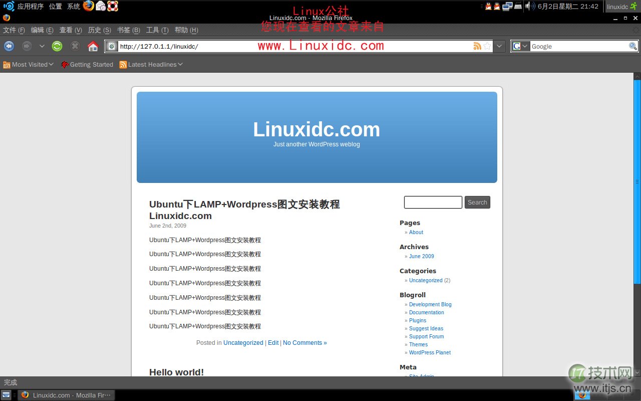 最近想修改一下Wordpress的模板，所以还是要在本地建一个LAMP环境调试比较方便，简单记录一下，给需要的朋友做个参考。其实在本站有许多关于在Ubuntu Linux下搭建LAMP服务器的相关资料，这次推出面向新手的在Ubuntu 9.10下搭建LAMP服务器安装WordPress 网络信息发布平台。近些时间我们又推出了关于Ubuntu 9.10系统的详细安装教程。对于不少初入Linux的来说Ubuntu系统应用已经很熟练，并且Linux系统也被越来越多的个体或企业应用，但是Linux系统相对Windows系统的全面普及还需等待时日。先来看看装好的效果图。（见图1）图1安装LAMP我们简单介绍利用命令安装Apache，具体安装命令如下所示（见图2）：图2sudo apt-get install apache2安装PHP支持（见图3）图3 sudo apt-get install libapache2-mod-php5 php5安装mysql-server与mysql-admin（见图4）图4　　sudo apt-get install mysql-server-5.0 mysql-common mysql-admin linuxidc@linuxidc-laptop:~$ sudo apt-get install mysql-server-5.0 mysql-common mysql-adminmysql-common 已经是最新的版本了。mysql-common 被设置为手动安装。将会安装下列额外的软件包： libdbd-mysql-perl libdbi-perl libgtkhtml3.8-15 libhtml-template-perl libnet-daemon-perl libplrpc-perl mysql-client-5.0 mysql-gui-tools-common mysql-query-browser mysql-server-core-5.0建议安装的软件包： dbishell libgtkhtml3.8-dbg libipc-sharedcache-perl mysql-doc-5.0 tinyca mailx下列【新】软件包将被安装： libdbd-mysql-perl libdbi-perl libgtkhtml3.8-15 libhtml-template-perl libnet-daemon-perl libplrpc-perl mysql-admin mysql-client-5.0 mysql-gui-tools-common mysql-query-browser mysql-server-5.0 mysql-server-core-5.0共升级了 0 个软件包，新安装了 12 个软件包，要卸载 0 个软件包，有 0 个软件未被升级。需要下载 39.8MB 的软件包。解压缩后会消耗掉 123MB 的额外空间。您希望继续执行吗？[Y/n]下面是安装过程中设置MySQL的用户名与密码（见图4-5）。图4图5安装好后可以以图形的界面打开（见图6） 图6补充下：在图6之前，好像还要安装的（见图7）sudo apt-get install php5-mysql图7linuxidc@linuxidc-laptop:~$ sudo apt-get install php5-mysql[sudo] password for linuxidc: 正在读取软件包列表… 完成正在分析软件包的依赖关系树       正在读取状态信息… 完成       下列【新】软件包将被安装： php5-mysql共升级了 0 个软件包，新安装了 1 个软件包，要卸载 0 个软件包，有 0 个软件未被升级。需要下载 65.9kB 的软件包。解压缩后会消耗掉 246kB 的额外空间。获取：1 http://cn.archive.Ubuntu.com jaunty-updates/main php5-mysql 5.2.6.dfsg.1-3ubuntu4.1 [65.9kB]下载 65.9kB，耗时 4s (13.8kB/s)        选中了曾被取消选择的软件包 php5-mysql。(正在读取数据库 … 系统当前总共安装有 113808 个文件和目录。)正在解压缩 php5-mysql (从 …/php5-mysql_5.2.6.dfsg.1-3Ubuntu4.1_i386.deb) …正在设置 php5-mysql (5.2.6.dfsg.1-3Ubuntu4.1) …第一次运行用root登录不需要密码。可以进去后添加用户同时修改root密码。图8图9然后点击Catalogs，在下面的Schemata里面新建一个数据库。（见图9-10）图9图10 然后进入User Administrator，在新建的User上选Schema Privileges，赋予其对该数据库操作的权限。(见图11-12)启动apache2和mysql server（见图13）sudo /etc/init.d/mysql start;sudo /etc/init.d/apache2 start图13下载Wordpress(http://wordpress.org/latest.tar.gz见图14)，解压缩，放到linuxidc /var/www的目录里，修改权限。(见图15-16) 图14图15图16重新启动apache2(见图17)图17修改wp-config-sample.php文件(见图18)sudo gedit /var/www/linuxidc/wp-config-sample.phpsudo gvim wp-config-sample.php主要是前面三个define(DB_NAME, putyourdbnamehere);/** MySQL database username */define(DB_USER, usernamehere);/** MySQL database password */define(DB_PASSWORD, yourpasswordhere);define(DB_NAME, wordpress);    // The name of the databasedefine(DB_USER, username);     // Your MySQL usernamedefine(DB_PASSWORD, password); // …and password修改成刚才建立的数据库名称，用户名和密码。 然后运行sudo mv wp-config.php /var/www/linuxidc/sudo mv wp-config-sample.php wp-config.php现在进入入http://127.0.0.1/linuxidc/  (见图19)图18图19发一篇文章试下，OK，效果见图1。图22总结：虽然对于Ubuntu系统的玩家来说，关于Ubuntu系统下LAMP安装相对初学者来说很简单，其实总结起来就是对Apache、Mysql、PHP等Windows下常用的几款软件换平台安装，但对于Ubuntu系统的初学者来说，搭建Lamp环境可能并不是很容易实现。笔者在这里通过图文的形式来讲解每个部分的具体操作，从而确保初学者能够从中有所收获。可以输入命令 : sudo apt-get install chmsee 还有 Firefox 有个插件叫做 CHM Reader ，你可以到 Firefox 的官网上去查找安装，之后就可以查看 CHM 文档了随着互联网的普及，很多公司在各地的分公司都经常需要通过互联网共享或传输一些重要的数据或文件。在网络安全问题日益突出的今天，如何保证Ubuntu系统的数据在传输过程中的安全性呢？本文为大家讲解在Ubuntu系统中如何对文件进行加密传输。 本文介绍基于Ubuntu Desktop 9.10(i386)，采用GNOME集成桌面环境。并设定有两台安装了Ubuntu 9.10桌面版系统的计算机Host1和Host2，都安装了OpenSSH软件包且具有相同的用户账号(为叙述方便，用户名和密码相同)。 准备工作：安装Seahorse密钥管理器插件 默认情况下，Ubuntu 9.10 GNOME集成桌面环境软件没有自带Seahorse密钥管理器插件(seahorse-plugins)，因此在Nautilus(鹦鹉螺)文件浏览器中，选中某个文件并点击鼠标右键后，在弹出的快捷菜单中看不到“加密”与“签署”两个选项，从而无法通过图形化的界面(该插件集成在Nautilus文件浏览器中)来对文件进行加密或签署操作。 为此，我们可以使用“apt-get”命令或“新立得软件包管理器”来手动安装该插件。这里以使用命令行方式来安装为例。依次点击菜单“应用程序→附件→终端”，打开GNOME终端窗口后输入如下命令：“sudo apt-get install seahorse-plugins”，命令执行后即可下载并安装“seahorse-plugins”软件包。安装完成后，从当前系统注销并重新登录，即可在上文所述的快捷菜单中看到“加密”和“签署”两项。 步骤一、在Host1中创建本地用户密钥 依次点击菜单“应用程序→附件→密码和加密密钥”运行Seahorse密钥管理程序。在出现的“密码和加密密钥”窗口中，点击菜单“文件→新建”，则出现“新建”密钥对话框。因为大家要加密的是文件，因此根据说明，选择创建的密钥的类型为“PGP密钥”并点击“继续”按钮进入“新建PGP密钥”对话框。在创建密钥时，需要指定用户的个人信息，如用户名、电子邮件等以及指定加密类型和密钥保密强度等。填写完成后点击“创建”按钮，并输入密钥保护密码后即可创建用户密钥。 步骤二、分发公钥给Host2用户 首先，利用Seahorse密钥管理器导出刚刚创建的公钥。依次点击“密钥和加密密码”窗口中的“文件→导出”，将公钥导出后点击“保存”按钮，则在当前登录用户(testuser)的目录下生成公钥文件“testuser.asc”。接下来，我们将公钥文件传送到Host2主机中(这里以使用“scp”命令为例)。 在Host1上打开一个GNOME终端窗口，输入命令“scp testuser.Asc testuser@Host2:~/.”，执行后首先输入“y”来加入主机Host2到信任主机列表中，再输入Host2上的用户“testuser”的密码，通过后则将Host1上的“testuser.asc”文件复制到Host2主机的testuser用户目录下(/home/testuser)。Host2上的用户接收到密钥文件后，在Seahorse密钥管理器中点击“密钥和加密密码”窗口中的“文件→导入”，在当前登录用户目录下找到文件“testuser.asc”并打开，即可完成导入。 步骤三、Host2用户加密待发文件 有了Host1用户的公钥，在Host2上就可以使用它来对文件进行加密了。在Nautilus文件浏览器中，鼠标右键点击待加密文件，在弹出的快捷菜单中选择“加密”项，则弹出“选择收件人”对话框(如图3所示)。在密钥列表中将自动列出当前系统中的可用密钥，选定刚刚导入的Host1用户的公钥，并勾选其前的方框，点击“确定”按钮，则开始对文件进行加密，并生成“.pgp”文件名结尾的加盟文件(如“abc.pgp”)。 同样，使用“scp”命令将加密后的文件传送到Host1中“scp abc.pgp testuser@Host1:~/.”。 步骤四、Host1用户解密收到的文件 Host1上的用户接收到Host2用户传过来的加密文件后，在Nautilus文件浏览器中鼠标右键点击该文件，在弹出的快捷菜单中选择“使用解密文件打开”，按要求输入密钥保护密码后，程序将使用用户的私钥对文件进行解密，并在当前目录下生成解密后的文件，也就是还原出来Host2用户加密过的文件。 现在需要通过因特网进行远程文件传输的操作已经非常多，而为了保障数据安全，对数据进行加密已经是很切实的应用需求。看过本文，相信大家对于在Ubuntu当中进行加密、解密操作已经有了初步的了解，在今后的应用过程中，大家不妨亲自尝试，以提高数据传输的安全性。ubuntu连接windows