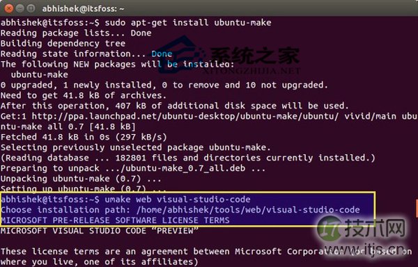 有些Linux用户在使用了Ubuntu系统后，不知道该怎么安装Visual Studio Code，今天小编就帮你解决这个问题吧，下面就是具体的安装步骤了。安装方法：安装过程中，将会询问安装路径，如下图：经过一系列要求和条件后，询问你是否确认安装Visual Studio Code。输入“a”来确定：确定之后，安装程序会开始下载并安装。安装完成后，可以发现Visual Studio Code图标已经出现在Unity启动器上。下图是Ubuntu 15.04 Unity的截图：卸载Visual Studio Code，同样使用Ubuntu Make命令。如下：umake web visual-studio-code --remove假如不使用Ubuntu Make，也可以通过微软官方下载安装文件。Download Visual Studio Code for Linux以上就是在Ubuntu系统中安装Visual Studio Code的方法了，还不会安装Visual Studio Code的用户，就参考上面的步骤进行安装吧。